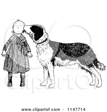 Clipart of a Retro Vintage Black and White Dog Licking a Girls Face - Royalty Free Vector Illustration by Prawny Vintage