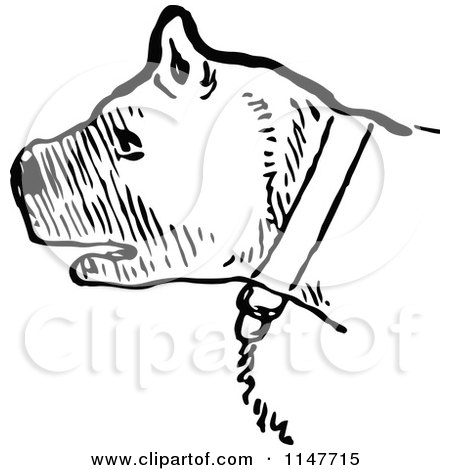 Clipart of a Retro Vintage Black and White Chained Dog - Royalty Free Vector Illustration by Prawny Vintage
