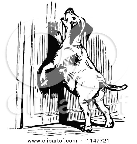 Clipart of a Retro Vintage Black and White Begging Dog at a Door - Royalty Free Vector Illustration by Prawny Vintage