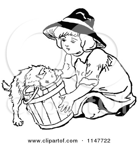 Clipart of a Retro Vintage Black and White Girl and Puppy in a Bucket - Royalty Free Vector Illustration by Prawny Vintage