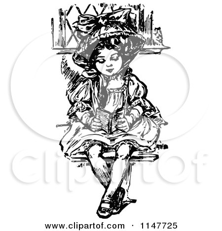 Clipart of a Retro Vintage Black and White Fancy Girl Reading - Royalty Free Vector Illustration by Prawny Vintage