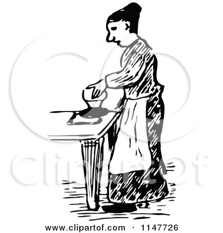 Clipart of a Retro Vintage Black and White Woman Ironing - Royalty Free Vector Illustration by Prawny Vintage