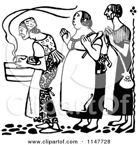 Clipart of a Retro Vintage Black and White Woman Carrying a Pot in a Kitchen - Royalty Free Vector Illustration by Prawny Vintage
