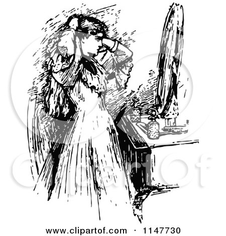 Clipart of a Retro Vintage Black and White Woman Doing Her Hair - Royalty Free Vector Illustration by Prawny Vintage