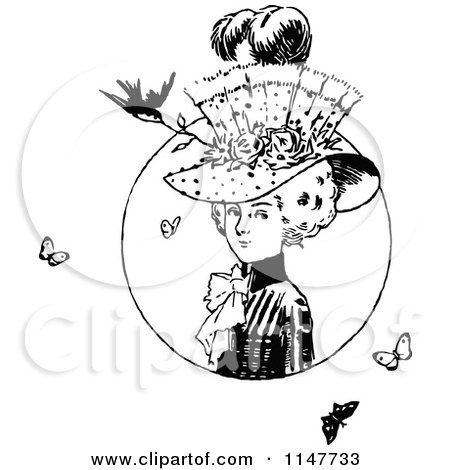 Clipart of a Retro Vintage Black and White Lady with a Hat Butterflies and a Bird - Royalty Free Vector Illustration by Prawny Vintage