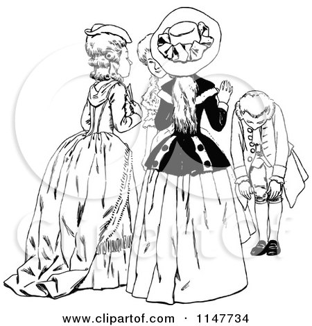 Clipart of a Retro Vintage Black and White Group of Ladies and Bowing Man - Royalty Free Vector Illustration by Prawny Vintage