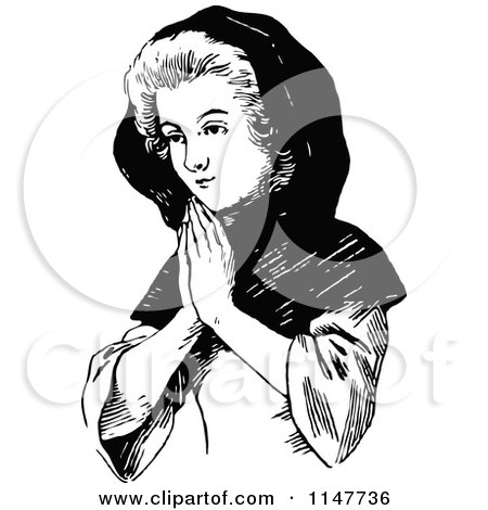 Clipart of a Retro Vintage Black and White Lady Praying - Royalty Free Vector Illustration by Prawny Vintage