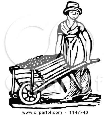 Clipart of a Retro Vintage Black and White Woman Pushing a Wheelbarrow - Royalty Free Vector Illustration by Prawny Vintage