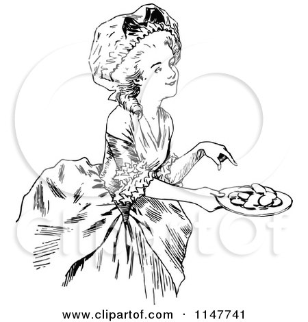 Clipart of a Retro Vintage Black and White Hostess Offering Cookies - Royalty Free Vector Illustration by Prawny Vintage