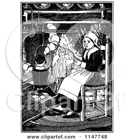 Clipart of a Retro Vintage Black and White Woman Cooking by a Fire - Royalty Free Vector Illustration by Prawny Vintage