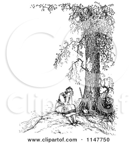 Clipart of a Retro Vintage Black and White Woman Crying Under a Tree - Royalty Free Vector Illustration by Prawny Vintage
