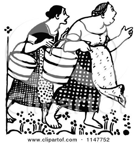 Clipart of Retro Vintage Black and White Surprised Women Carrying Buckets - Royalty Free Vector Illustration by Prawny Vintage