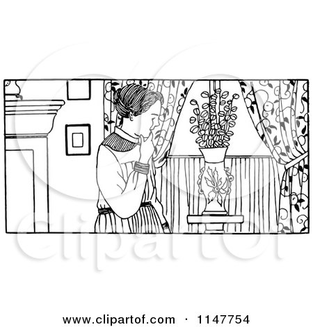 Clipart of a Retro Vintage Black and White Woman Looking at a Vase - Royalty Free Vector Illustration by Prawny Vintage
