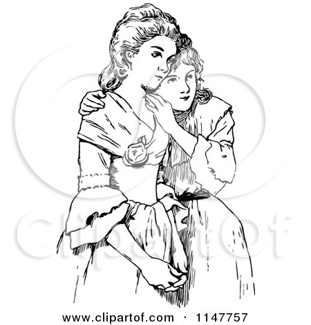 Clipart of Retro Vintage Black and White Sisters - Royalty Free Vector Illustration by Prawny Vintage