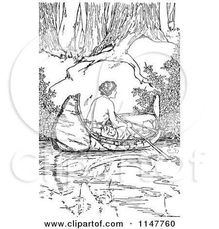 Clipart of a Retro Vintage Black and White Woman in a Canoe - Royalty Free Vector Illustration by Prawny Vintage