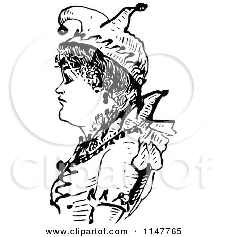 Clipart of a Retro Vintage Black and White Woman in a Jester Hat - Royalty Free Vector Illustration by Prawny Vintage