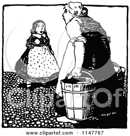 Clipart of a Retro Vintage Black and White Woman Carrying Buckets and Talking to a Girl - Royalty Free Vector Illustration by Prawny Vintage