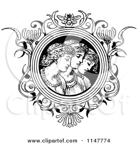 Clipart of a Retro Vintage Black and White Trio of Women in a Floral Frame - Royalty Free Vector Illustration by Prawny Vintage