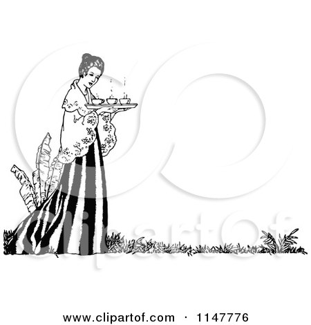 Clipart of a Retro Vintage Black and White Woman Carrying a Tea Tray - Royalty Free Vector Illustration by Prawny Vintage