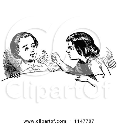 Clipart of a Retro Vintage Black and White Bully Threatening a Boy - Royalty Free Vector Illustration by Prawny Vintage