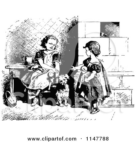 Clipart of a Retro Vintage Black and White Sisters Playing with Dolls and Their Dog - Royalty Free Vector Illustration by Prawny Vintage