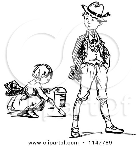 Clipart of a Retro Vintage Black and White Boy and Digging Girl - Royalty Free Vector Illustration by Prawny Vintage
