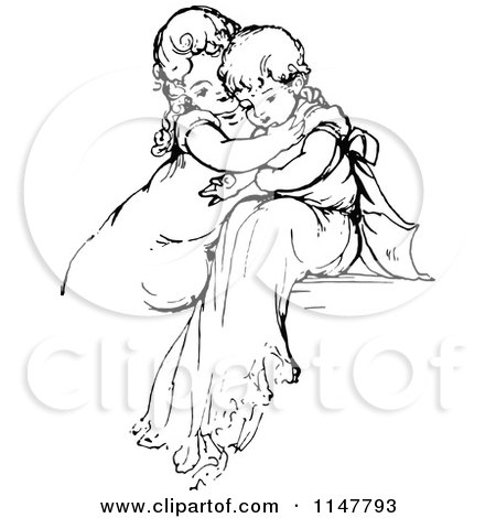 Clipart of a Retro Vintage Black and White Affectionate Children - Royalty Free Vector Illustration by Prawny Vintage