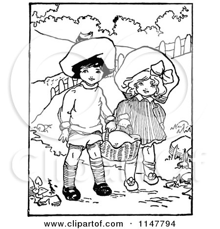 Clipart of a Retro Vintage Black and White Boy and Girl Carrying a Basket - Royalty Free Vector Illustration by Prawny Vintage