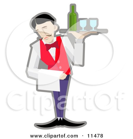 Male Servant Holding a Tray With Wineglasses and a Bottle of Wine Clipart Illustration by AtStockIllustration