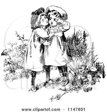 Clipart of Retro Vintage Black and White Affectionate Sisters Embracing - Royalty Free Vector Illustration by Prawny Vintage