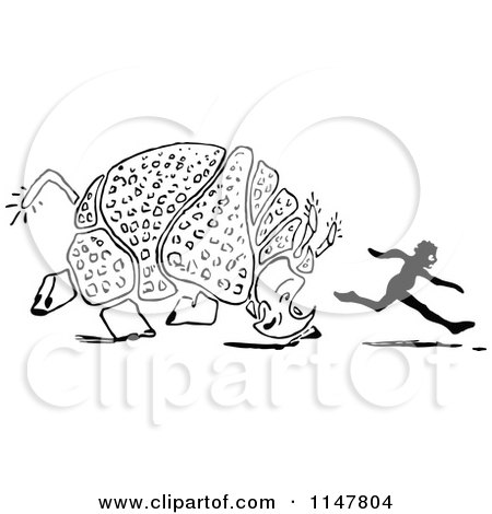 Clipart of a Retro Vintage Black and White Rhino Chasing a Boy - Royalty Free Vector Illustration by Prawny Vintage