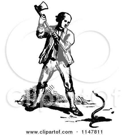 Clipart of a Retro Vintage Black and White Man Killing a Snake with an Axe - Royalty Free Vector Illustration by Prawny Vintage