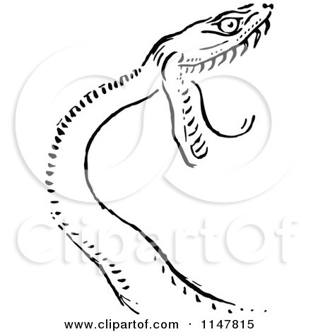 Clipart of a Retro Vintage Black and White Attacking Snake - Royalty Free Vector Illustration by Prawny Vintage
