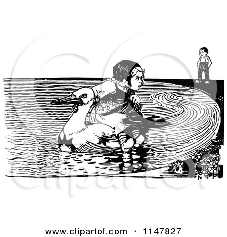 Clipart of a Retro Vintage Black and White Boy Watching a Girl Ride a Duck - Royalty Free Vector Illustration by Prawny Vintage