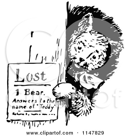 Clipart of a Retro Vintage Black and White Bear Posting a Lost Sign - Royalty Free Vector Illustration by Prawny Vintage