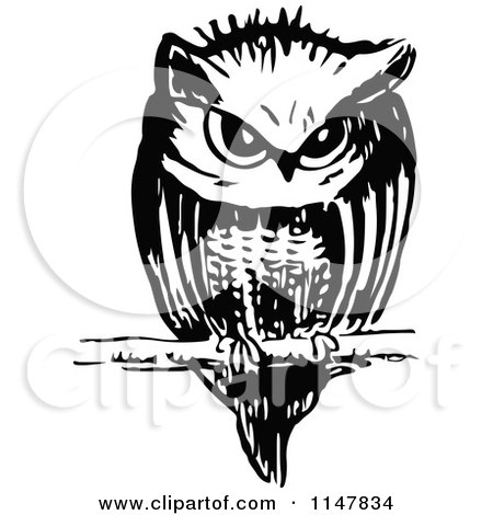 Clipart of a Retro Vintage Black and White Owl Resting on a Twig - Royalty Free Vector Illustration by Prawny Vintage