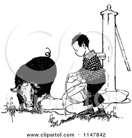 Clipart of a Retro Vintage Black and White Boy Giving Water to a Pig - Royalty Free Vector Illustration by Prawny Vintage
