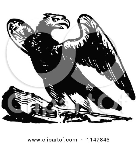 Clipart of a Retro Vintage Black and White Landing Eagle - Royalty Free Vector Illustration by Prawny Vintage