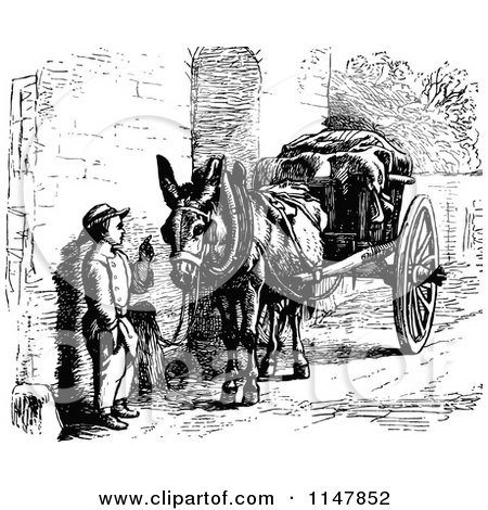 Clipart of a Retro Vintage Black and White Boy Talking to a Donkey with a Cart - Royalty Free Vector Illustration by Prawny Vintage