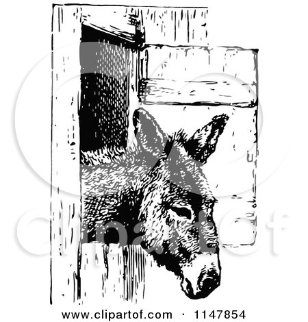Clipart of a Retro Vintage Black and White Donkey in a Stall - Royalty Free Vector Illustration by Prawny Vintage