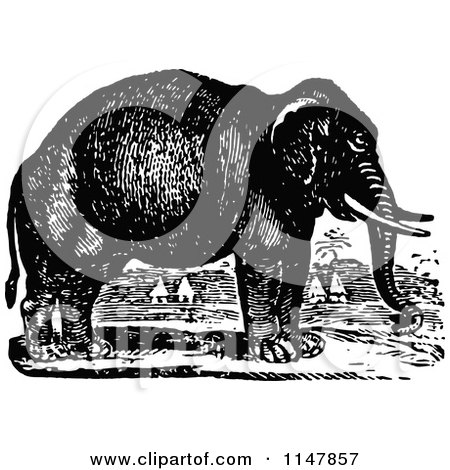 Clipart of a Retro Vintage Black and White Elephant in a Village - Royalty Free Vector Illustration by Prawny Vintage