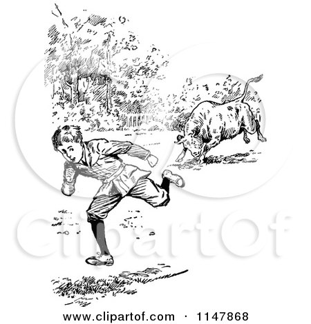 Clipart of a Retro Vintage Black and White Bull Chasing a Boy - Royalty Free Vector Illustration by Prawny Vintage