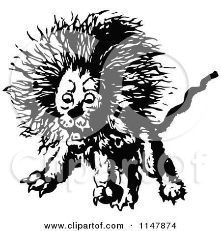 Clipart of a Retro Vintage Black and White Mad Lion - Royalty Free Vector Illustration by Prawny Vintage