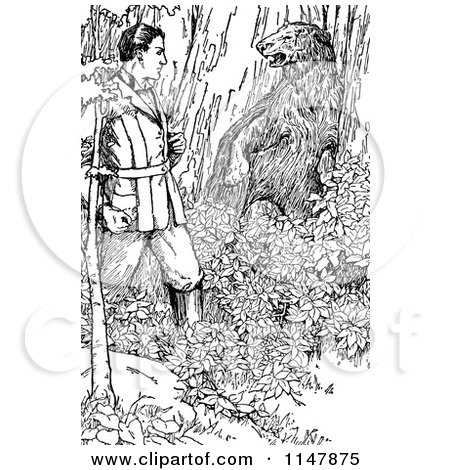 Clipart of a Retro Vintage Black and White Man and Bear in the Woods - Royalty Free Vector Illustration by Prawny Vintage