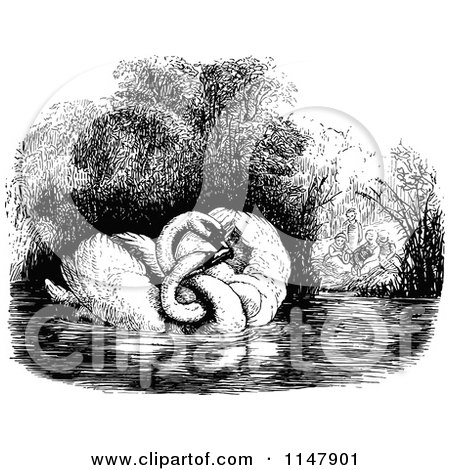 Clipart of a Retro Vintage Black and White Swan Couple and People by a Pond - Royalty Free Vector Illustration by Prawny Vintage