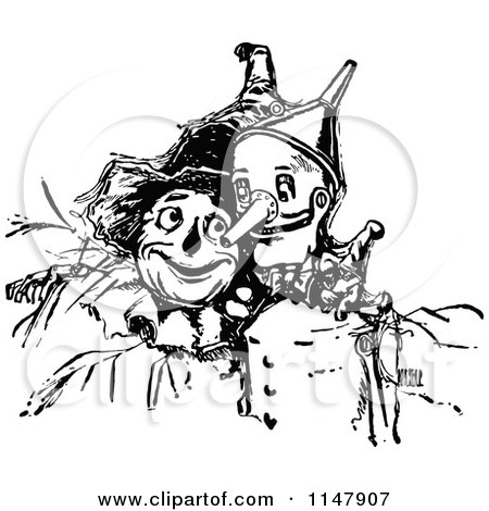 Clipart of a Retro Vintage Black and White Tin Man and Scarecrow - Royalty Free Vector Illustration by Prawny Vintage