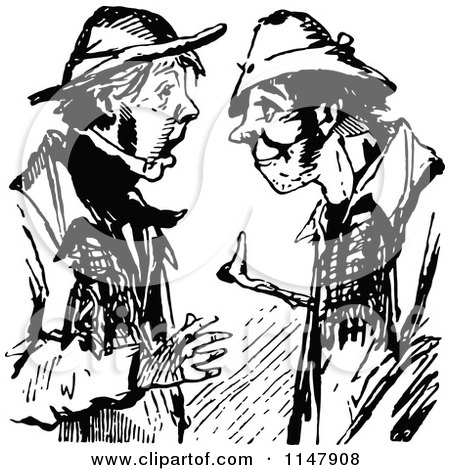 Clipart of Retro Vintage Black and White Men Talking - Royalty Free Vector Illustration by Prawny Vintage