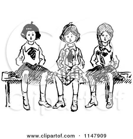 Clipart of Retro Vintage Black and White Girls Sitting on a Bench - Royalty Free Vector Illustration by Prawny Vintage