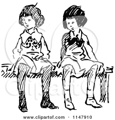 Clipart of Retro Vintage Black and White Girls Sitting on a Bench 2 - Royalty Free Vector Illustration by Prawny Vintage