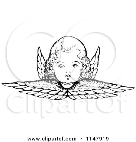Clipart of a Retro Vintage Black and White Cherub and Wings - Royalty Free Vector Illustration by Prawny Vintage
